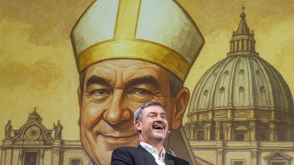 Markus Söder: Ministerpräsident Markus Söder (CSU) vor einem KI-generierten Bild, das ihn als Papst zeigt.