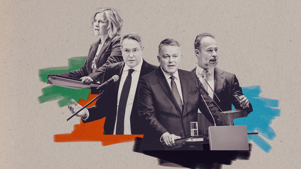 Landtagswahl: Rheinland-Pfalz hat die Wahl (von links): Katrin Eder (Grüne), Alexander Schweitzer (SPD), Gordon Schnieder (CDU) und Jan Bollinger (AfD) führen ihre Parteien durch den Wahlkampf.