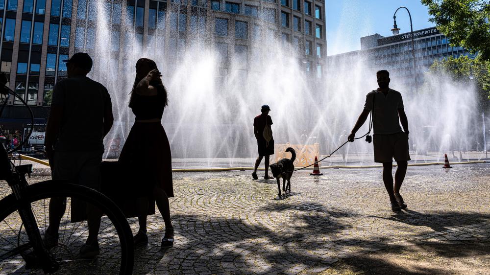Hitzeaktionsplan der SPD: Abkühlung für Köln: Ein Sprühschlauch verspritzt am Rudolfplatz feine Wassertropfen, um in diesen heißen Tagen das Stadtklima zu verbessern.
