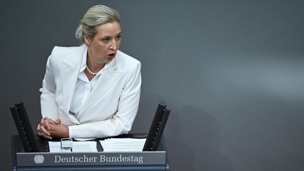Haushaltsentwurf: AfD co-leader Alice Weidel speaks during the 2027 budget debate during a plenum session of the lower house of parliament, the Bundestag, in Berlin, September 9, 2026. REUTERS/Annegret Hilse