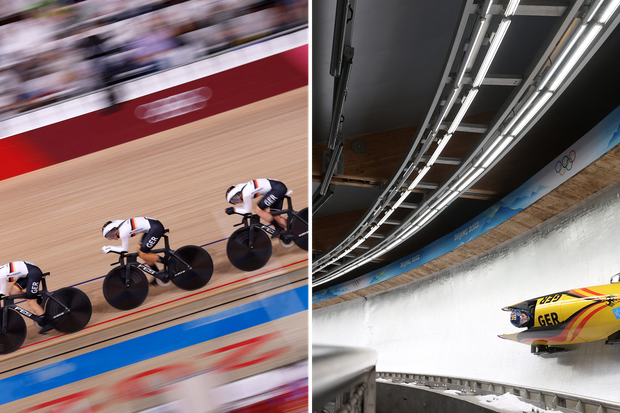 Fünf Olympisiegerinnen, fünf FES-Geräte: Der deutsche Bahnrad-Vierer auf dem Weg zu Gold in Tokio 2021 und Laura Nolte in ihrem Bob bei den Spielen in Peking. 