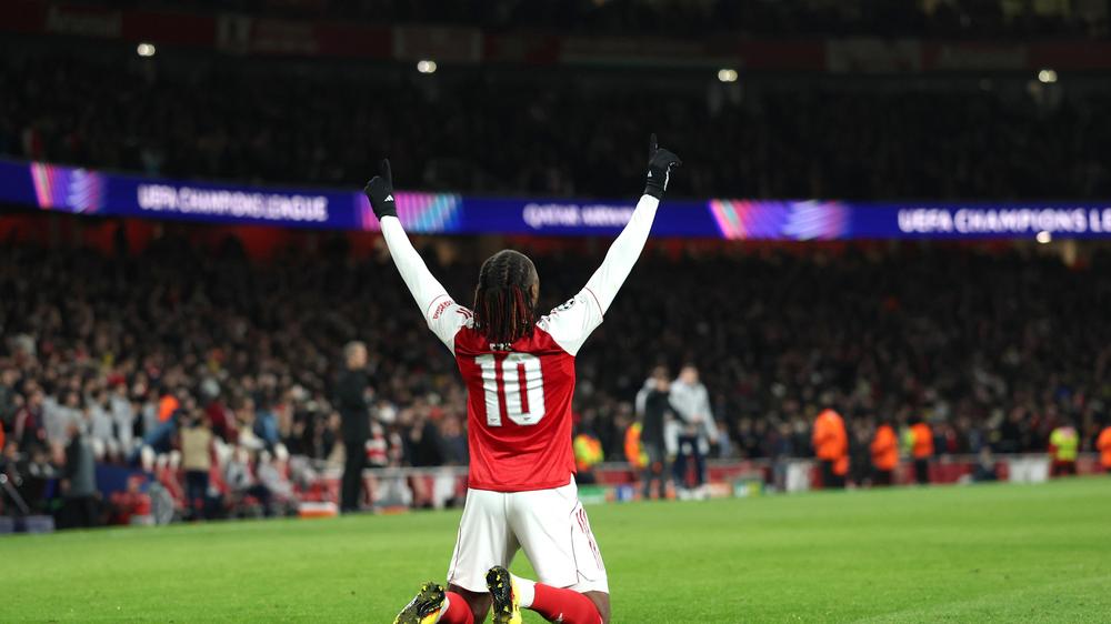  Eberechi Eze nach seinem herausragenden Treffer für den FC Arsenal im Achtelfinale der Champions League gegen Bayer 04 Leverkusen