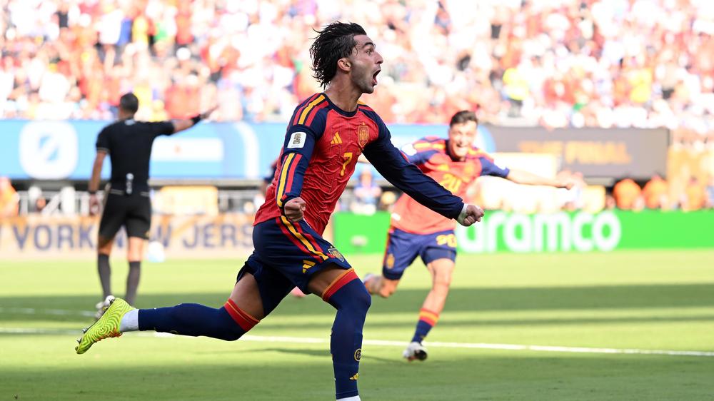 EAST RUTHERFORD, NEW JERSEY - JULY 19: Ferran Torres #7 of Spain celebrates scoring his team's first goal during the FIFA World Cup 2026 Final match between Spain and Argentina at New York New Jersey Stadium on July 19, 2026 in East Rutherford, New Jersey. (Photo by David Ramos/Getty Images)