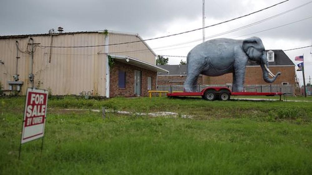 Finanzkrise: Zu verkaufen: Ein Trailer in einem Park in New Orleans, davor ein Plastikelefant