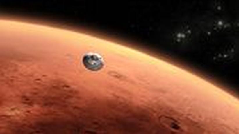 Landeanflug auf den Roten Planeten: Diese Animation zeigt die Kapsel mit dem Rover Curiosity vor dem Mars.