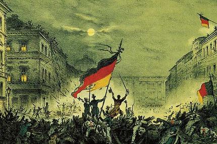 Veit Valentin: Jubelnde Revolutionäre stehen nach Barrikadenkämpfen am 18./19. März 1848 in der Breiten Straße in Berlin.