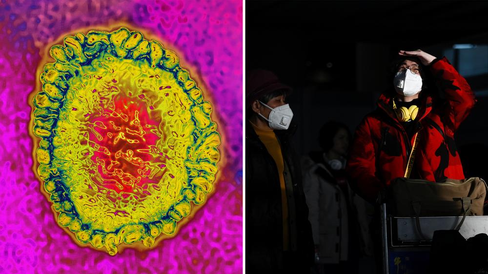 Coronavirus: Nur 80 bis 160 Nanometer durchmisst der Erreger (links). Viele Chinesen tragen aus Angst vor ihm Atemmasken beim Reisen (Foto vom Flughafen Peking, rechts).