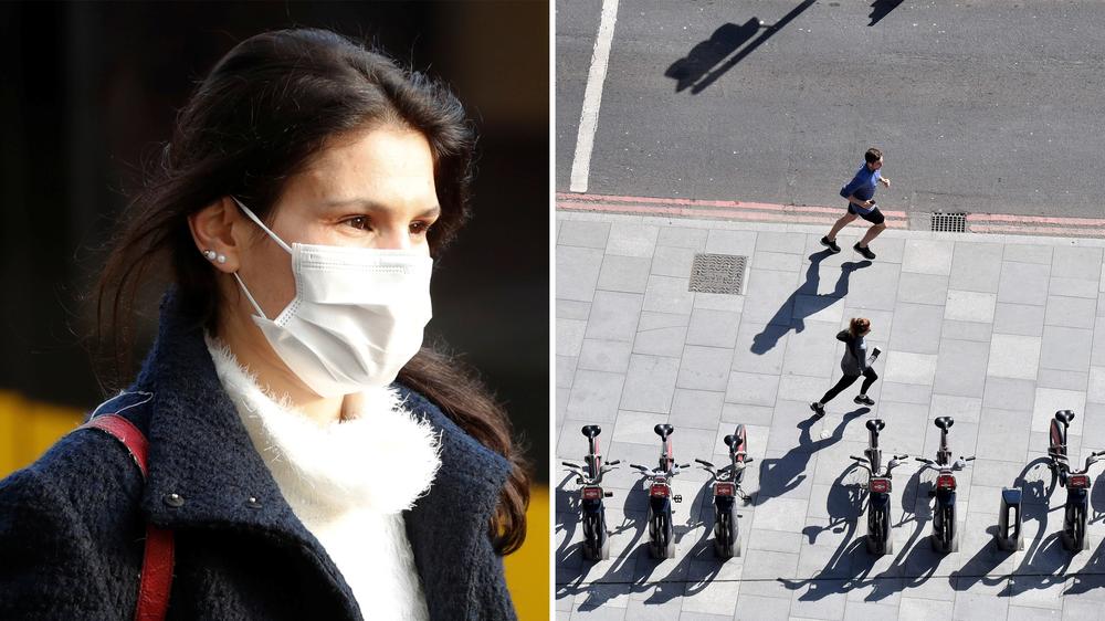 Ansteckung mit Corona: Eine Berlinerin trägt Maske und Jogger laufen durchs leere London: Wie viel Abstand brauchen wir?