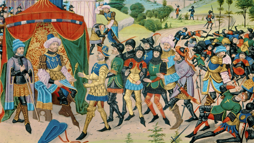 Kreuzzüge: Saladins Sieg: Nach ihrer Niederlage in der Schlacht bei Hattin 1187 werden der christliche König von Jerusalem und dessen Ritter dem muslimischen Feldherrn Saladin (mit Zepter) als Gefangene vorgeführt.