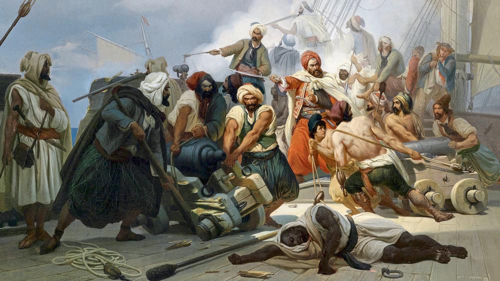 Sklaverei: Während eines Seegefechts bringen Korsaren ihre Kanonen in Stellung. Das orientalisierende Gemälde entstand 1844.