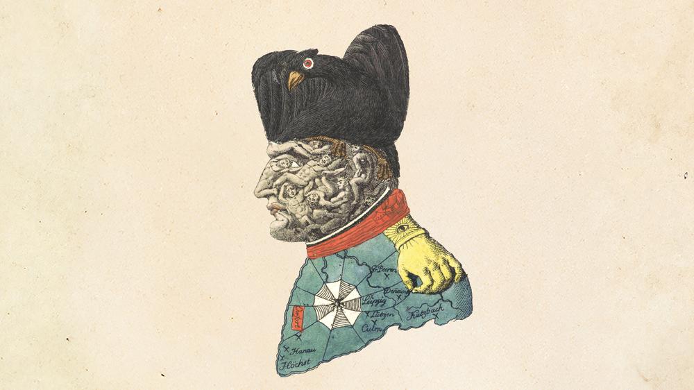 Deutsch-französische Erbfeindschaft: Leichenkopf: Der preußische Adler hat Napoleon besiegt, das Haupt des französischen Erzfeindes ist aus Toten zusammengesetzt. Die nach der »Völkerschlacht« von Leipzig entstandene Karikatur wurde Ende 1813 in den »Berliner Nachrichten« veröffentlicht.