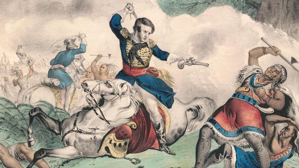 Britisch-Amerikanischer Krieg: Ungleicher Kampf: Bei der Schlacht am Thames River im Oktober 1813 stirbt Tecumseh, der Anführer der Shawnee. Die Lithografie entstand im Jahr 1846.