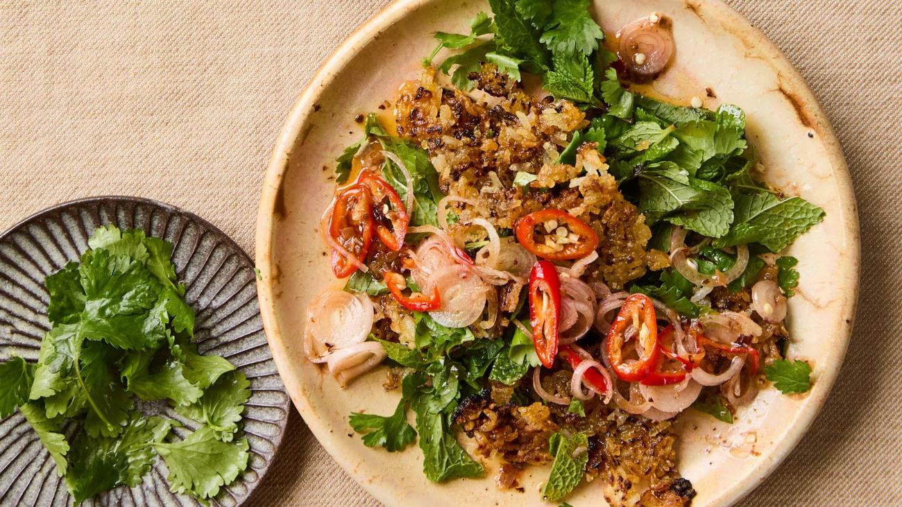 Salad of crispy herbed rice, shallots, and lemongrass: Rice Crispies? ...