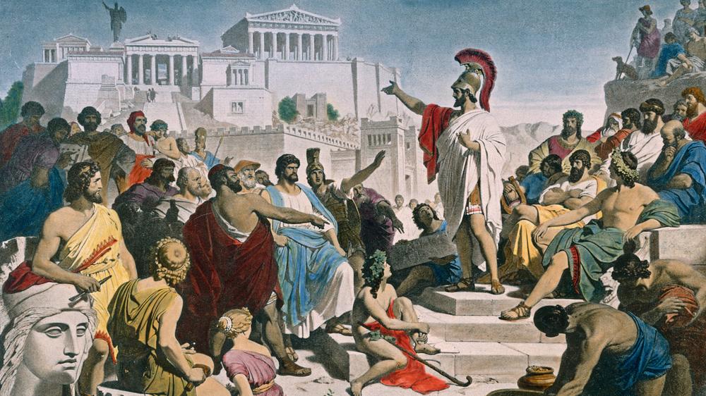 Demokratie: Im 5. Jahrhundert v. Chr. erlebte in Athen die »attische Demokratie« unter Perikles ihre Blütezeit, der Rat der 500 wurde per Los besetzt.