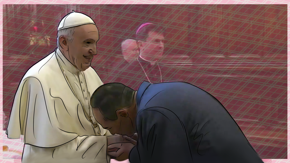 Warum zieht der Papst in diesem Video immer wieder seine Hand weg? 